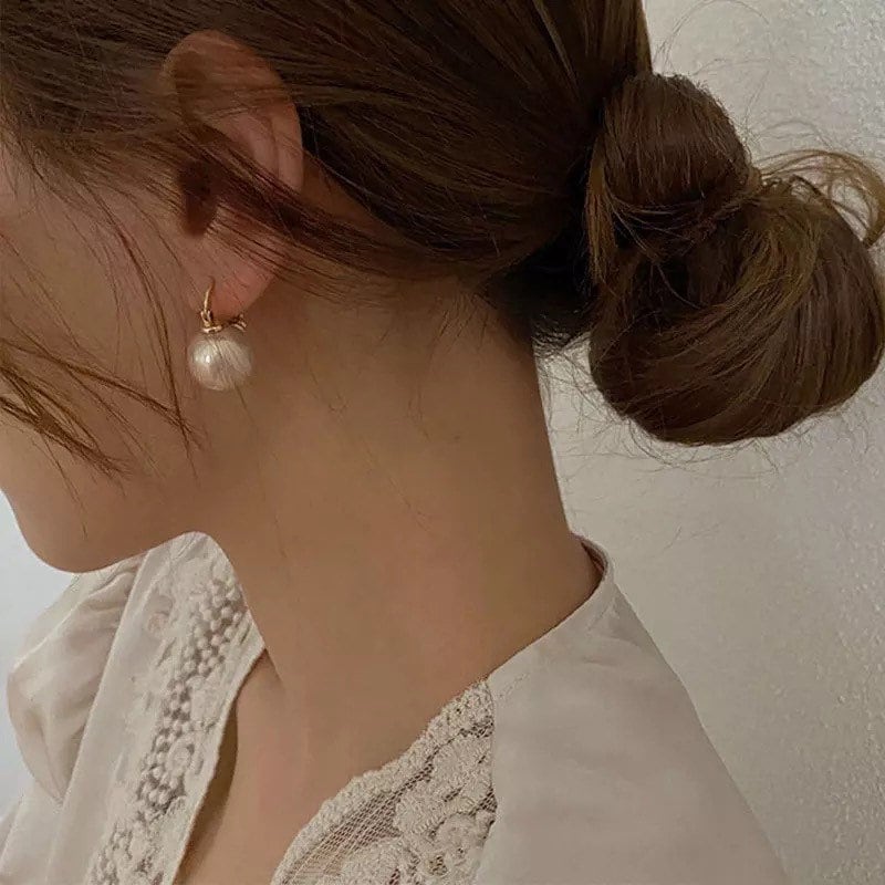 Gold & White Pearl Huggie Lever-Back Earrings