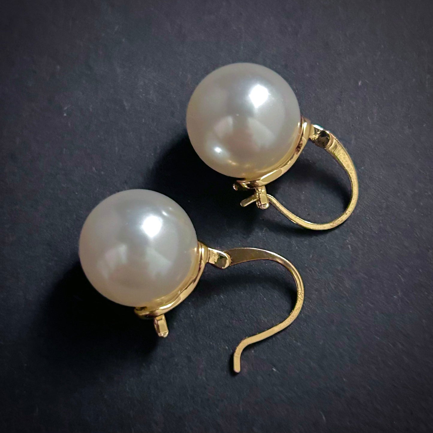 Gold & White Pearl Huggie Lever-Back Earrings