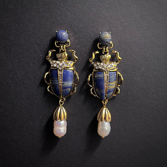 Scarab & Baroque Pearl Lapis Lazuli Blue Earrings