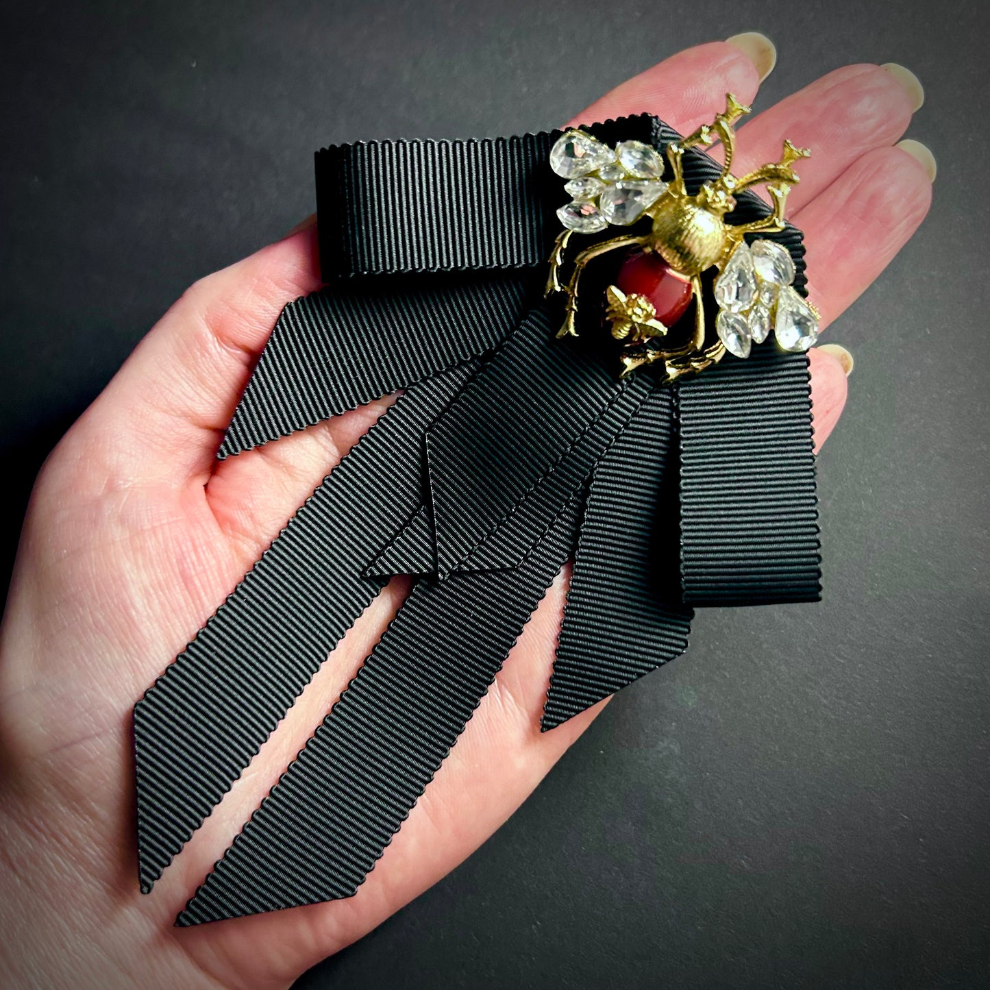 Enamel & Rhinestone Gold Bee Brooch with Black Grosgrain Ribbon Pre-Tied Bow