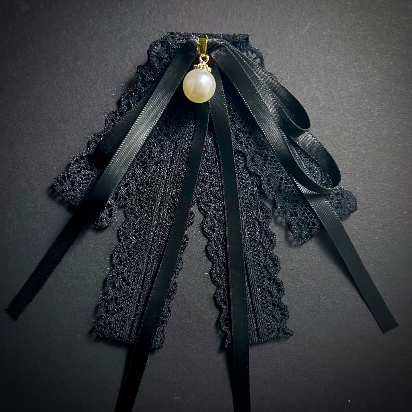Victorian Satin, Lace & White Pearl Black Pre-Tied Bow Ribbon Brooch