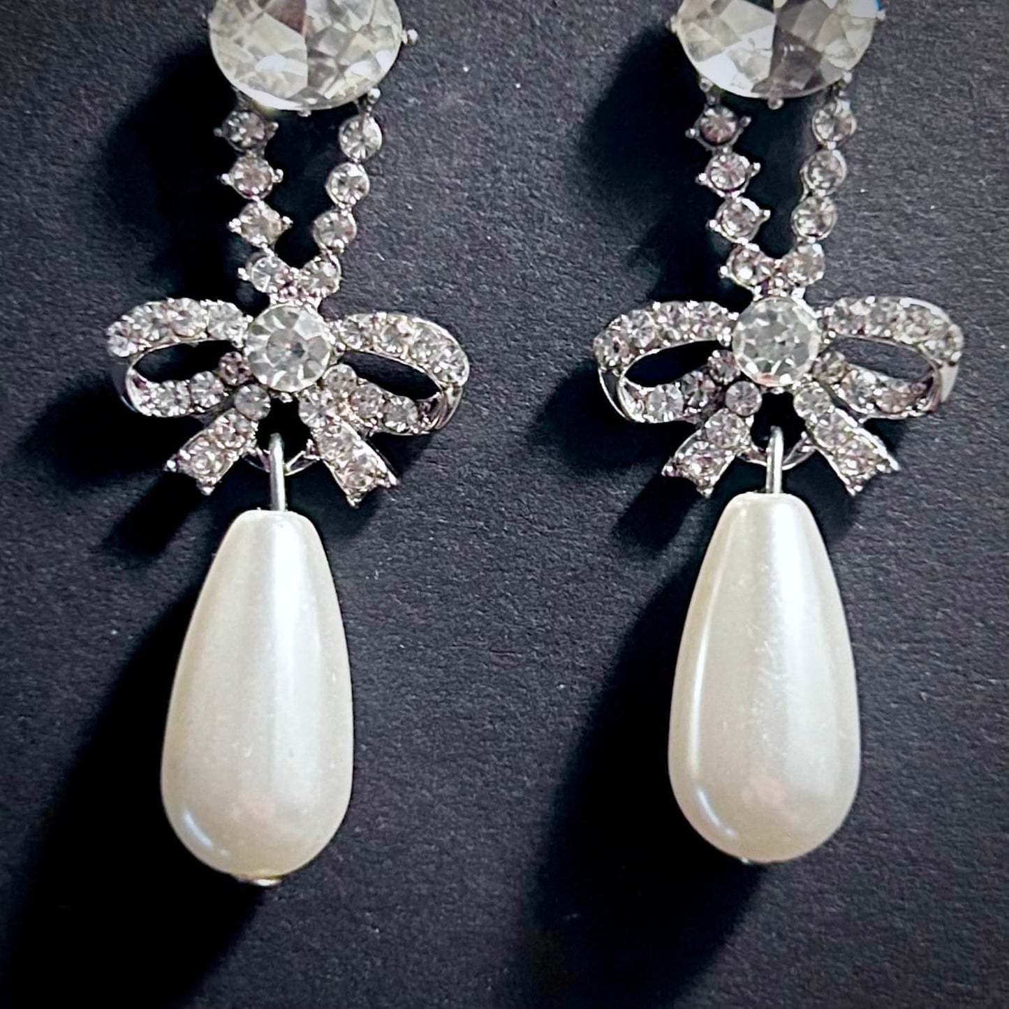 Rhinestone Bow & White Pearl Earrings
