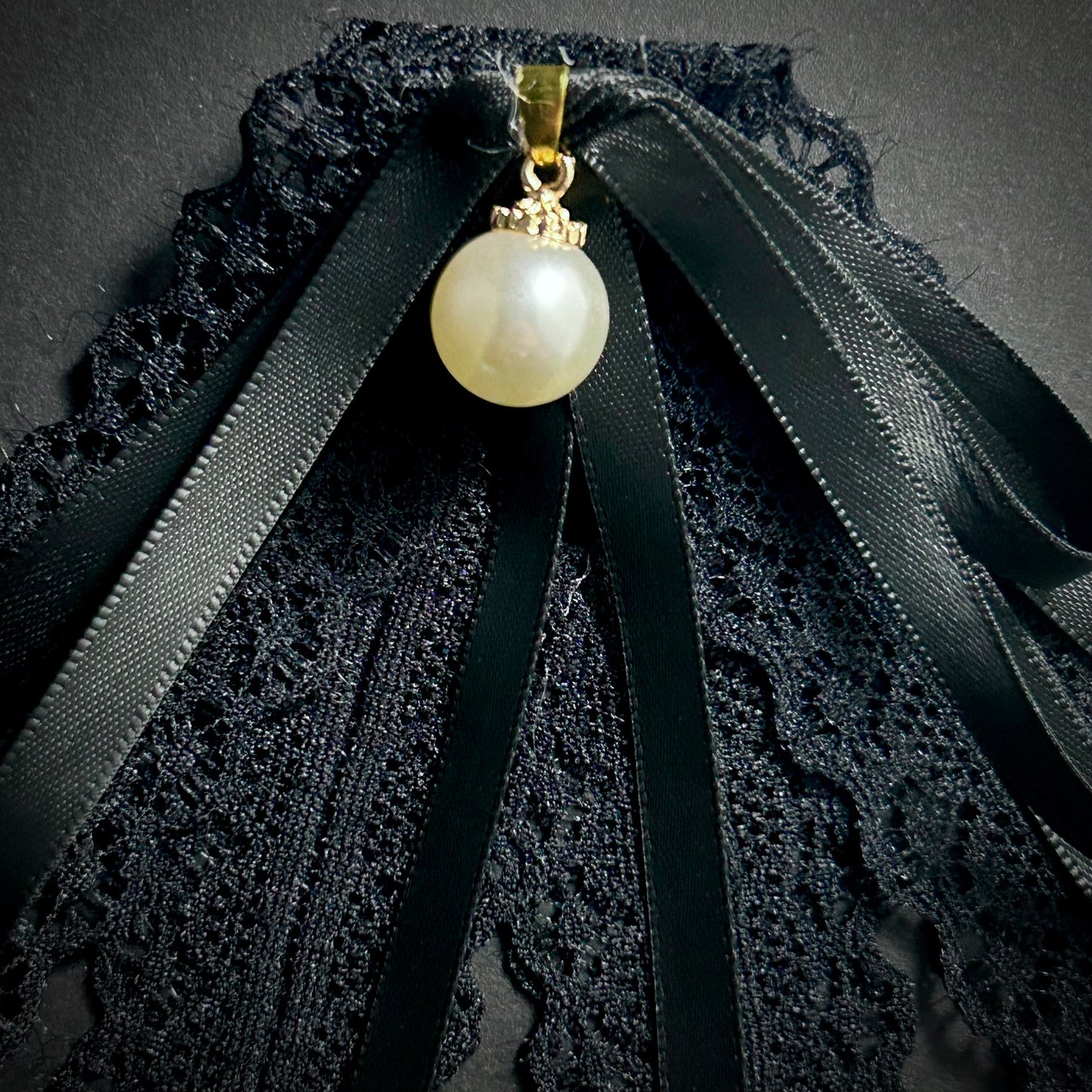 Victorian Satin, Lace & White Pearl Black Pre-Tied Bow Ribbon Brooch