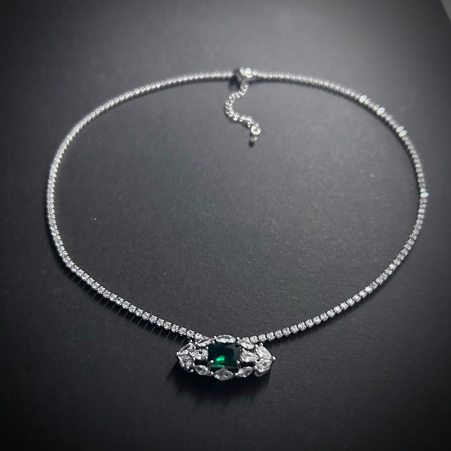 Emerald, Silver & Clear Pavéd Chain Choker Necklace