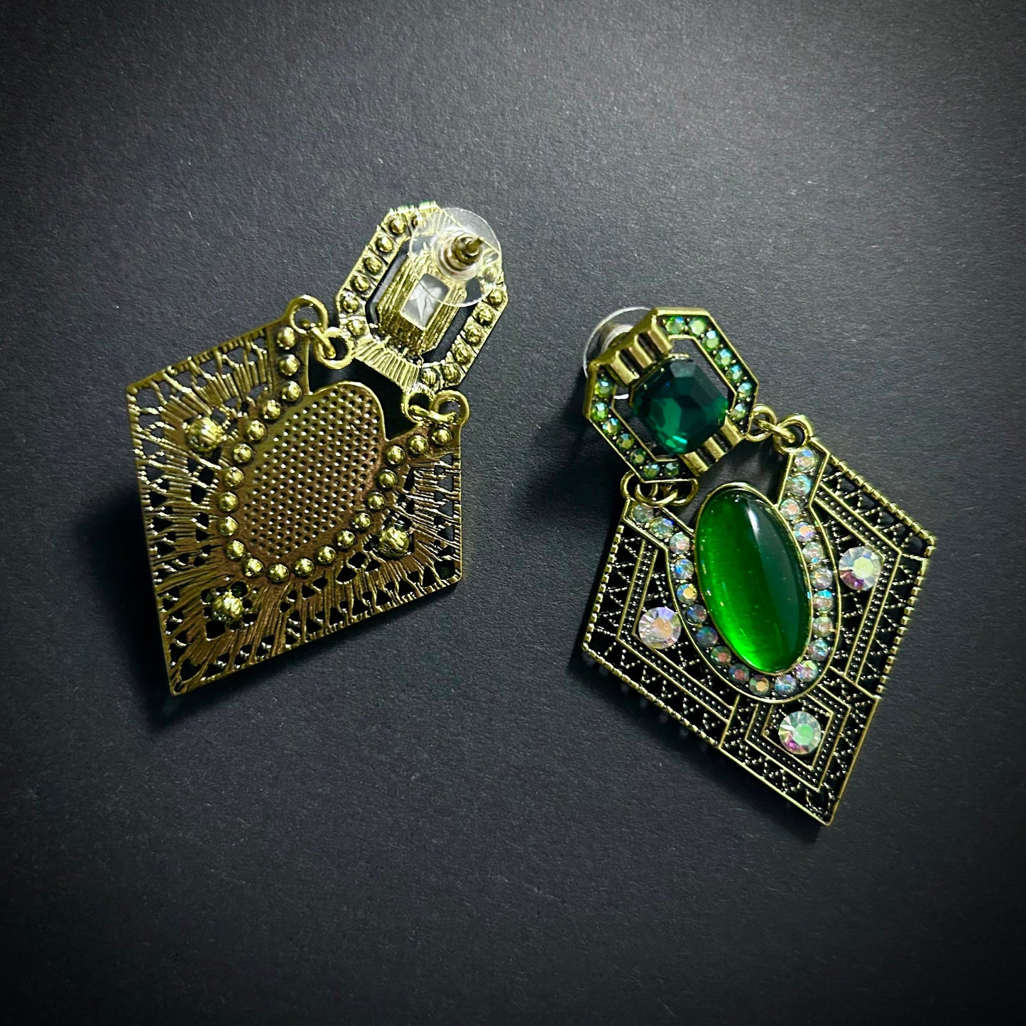 Emerald & Gold Geometric Filigree & Rhinestone Earrings