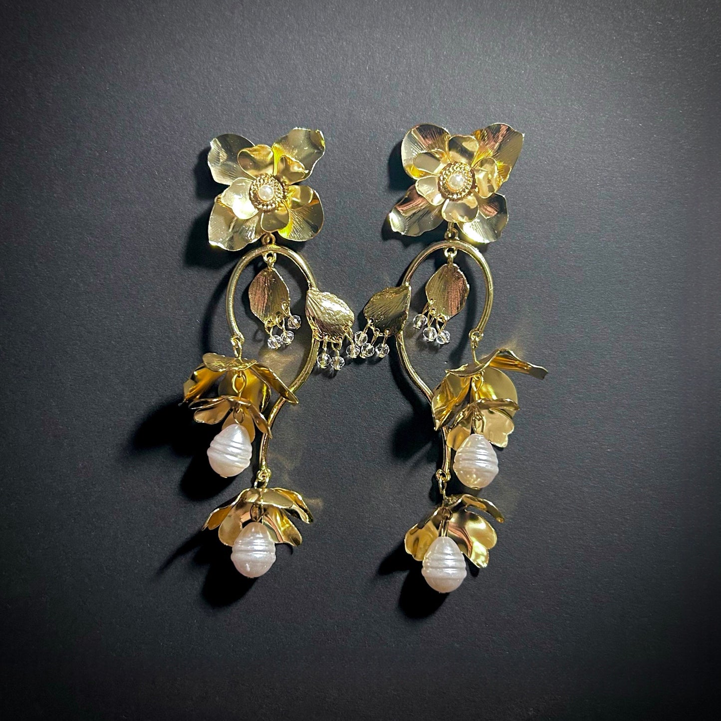 Flower, Pearl & Falling Petals Gold Statement Earrings