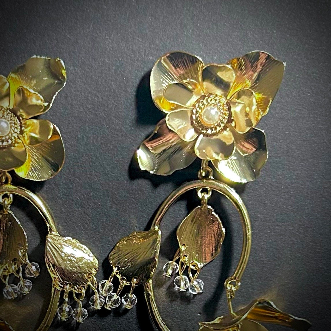 Flower, Pearl & Falling Petals Gold Statement Earrings
