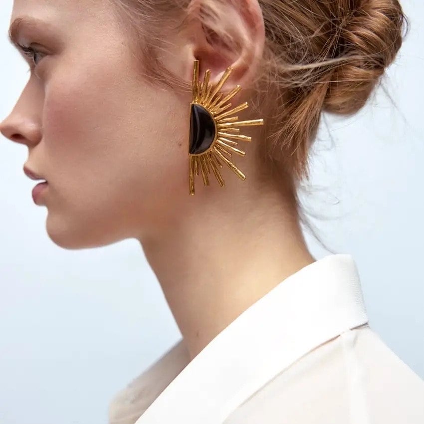 Black & Gold Sun Ray Fan Earrings