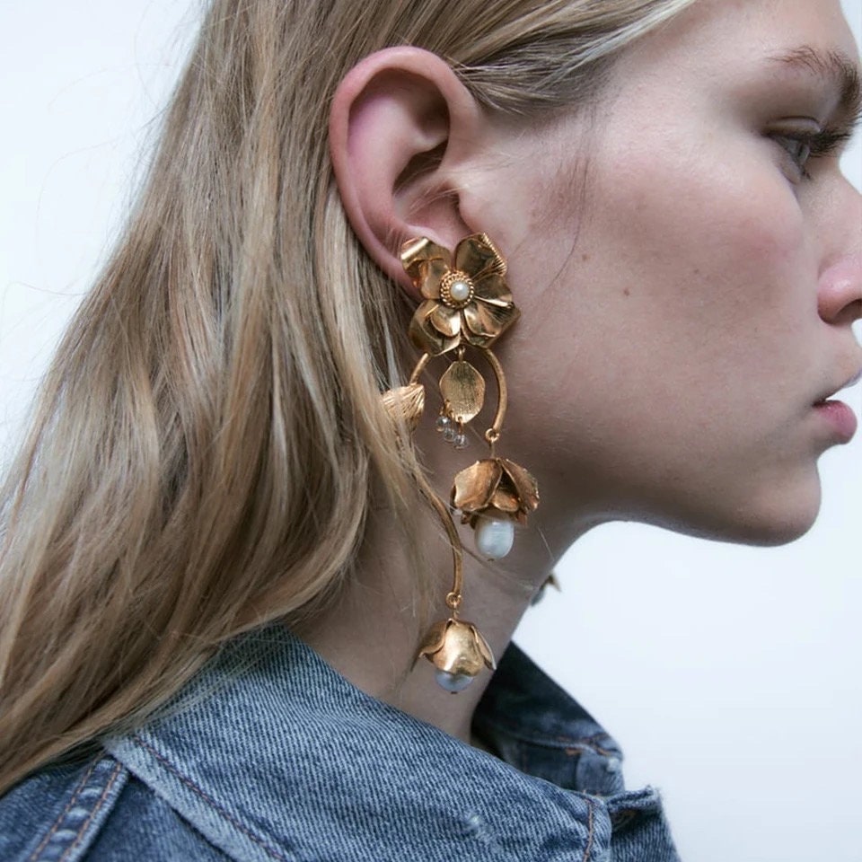Flower, Pearl & Falling Petals Gold Statement Earrings