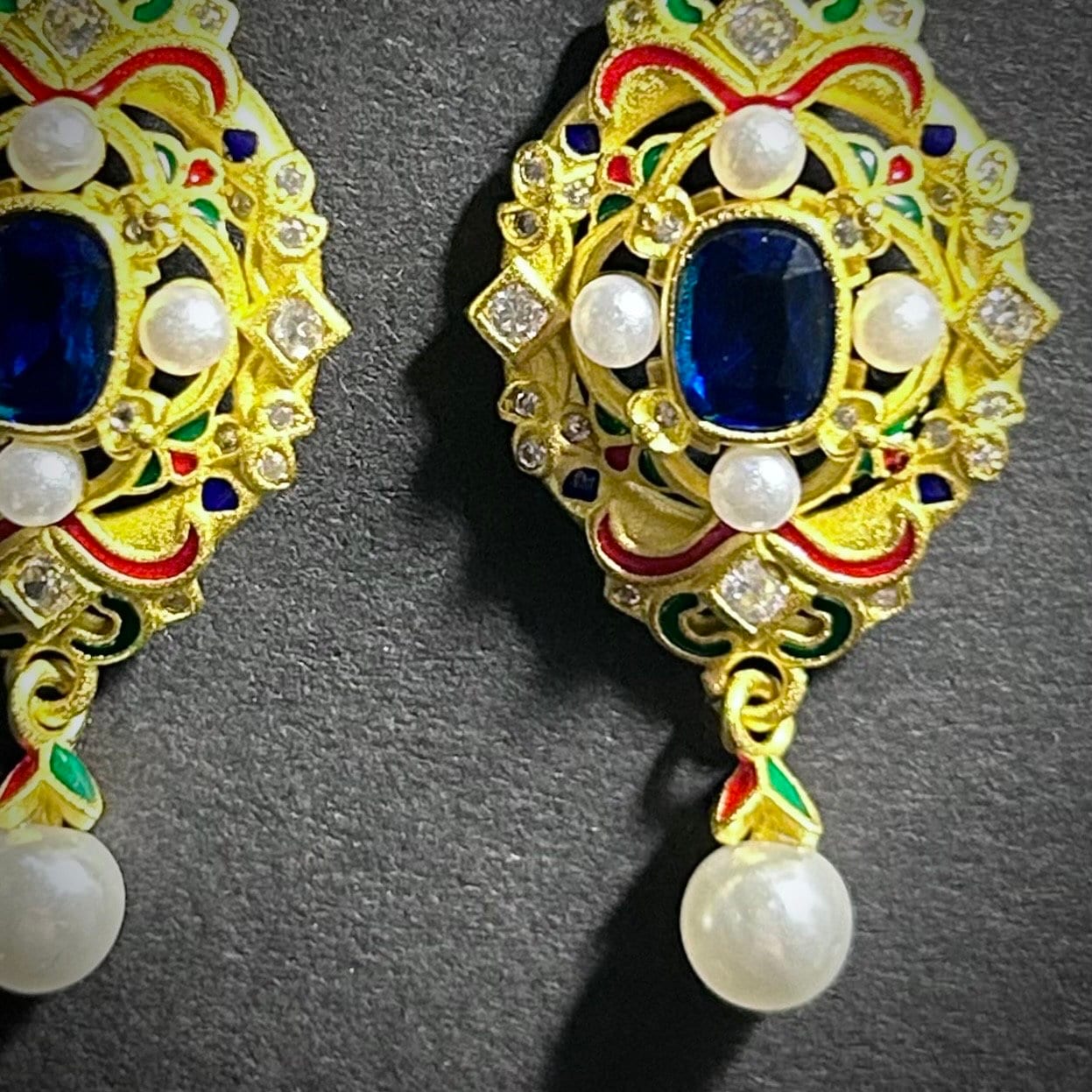 Intricate Enamel, Sapphire & White Pearl Earrings