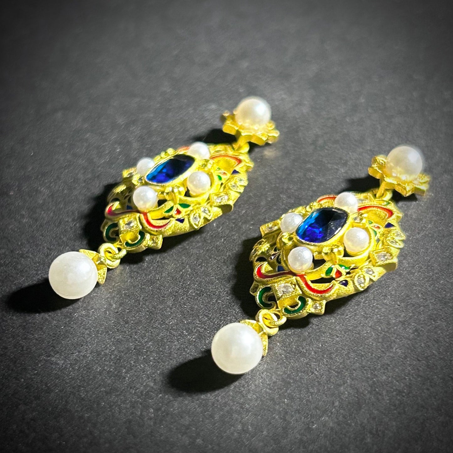 Intricate Enamel, Sapphire & White Pearl Earrings
