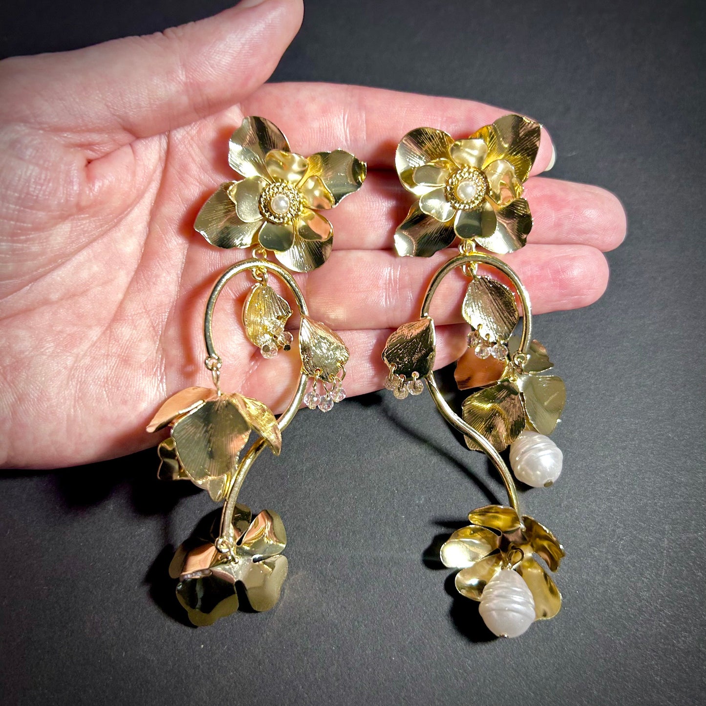 Flower, Pearl & Falling Petals Gold Statement Earrings