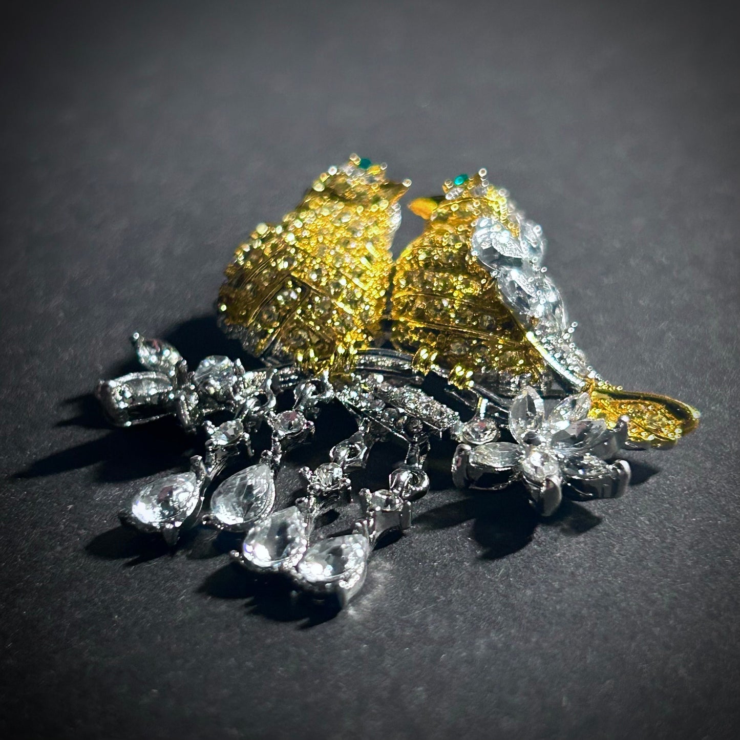 Lovebirds on Branch Sparkling Zircon Mixed Metal Brooch