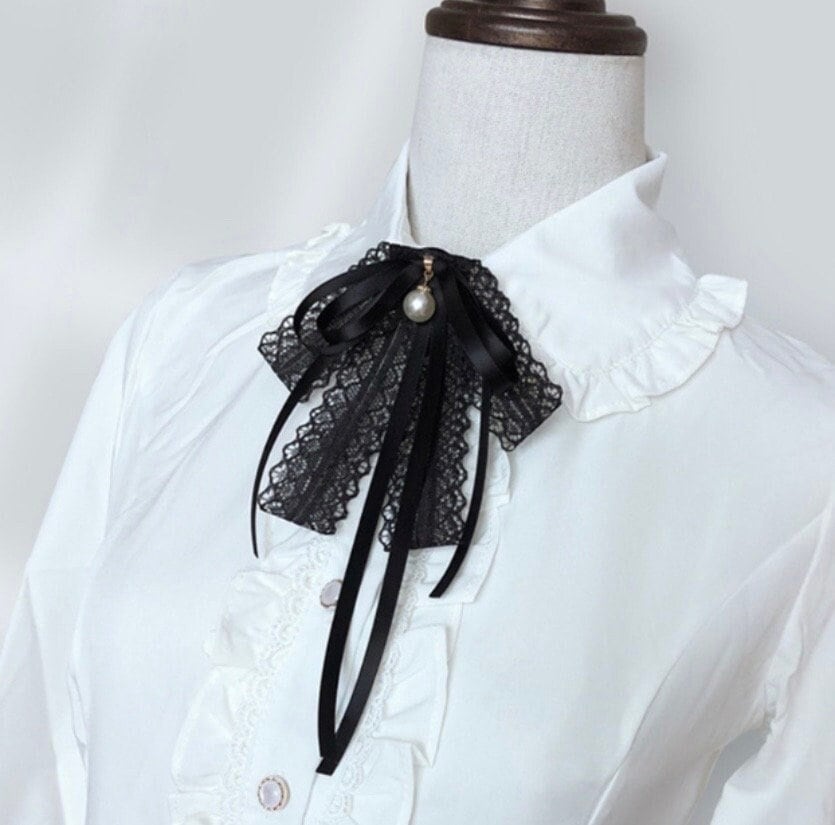 Victorian Satin, Lace & White Pearl Black Pre-Tied Bow Ribbon Brooch