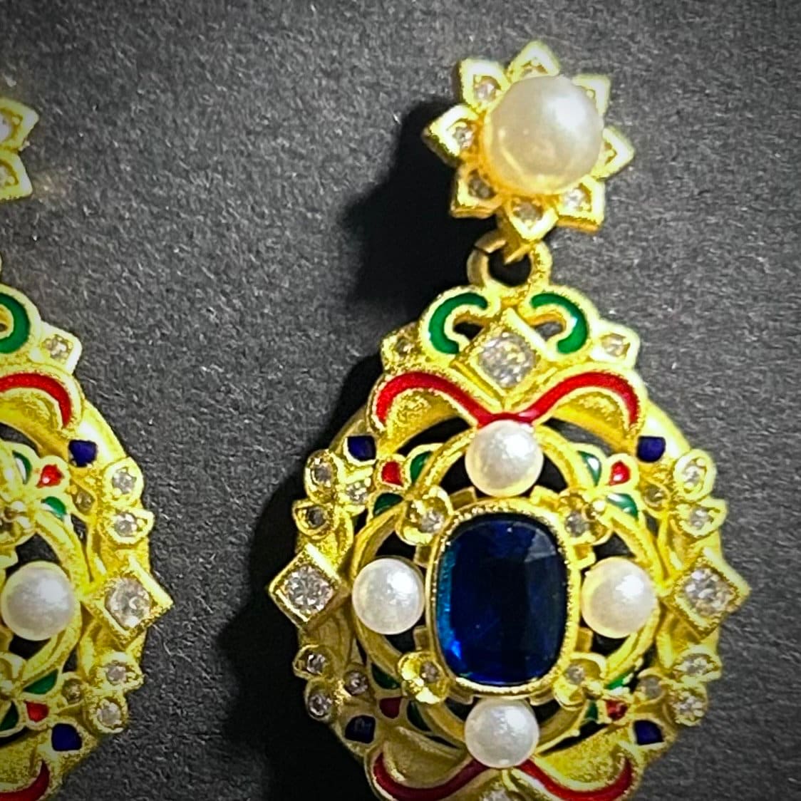Intricate Enamel, Sapphire & White Pearl Earrings