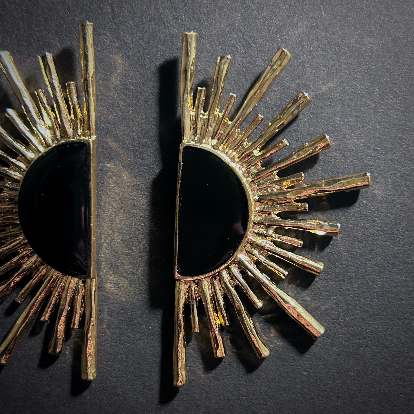 Black & Gold Sun Ray Fan Earrings
