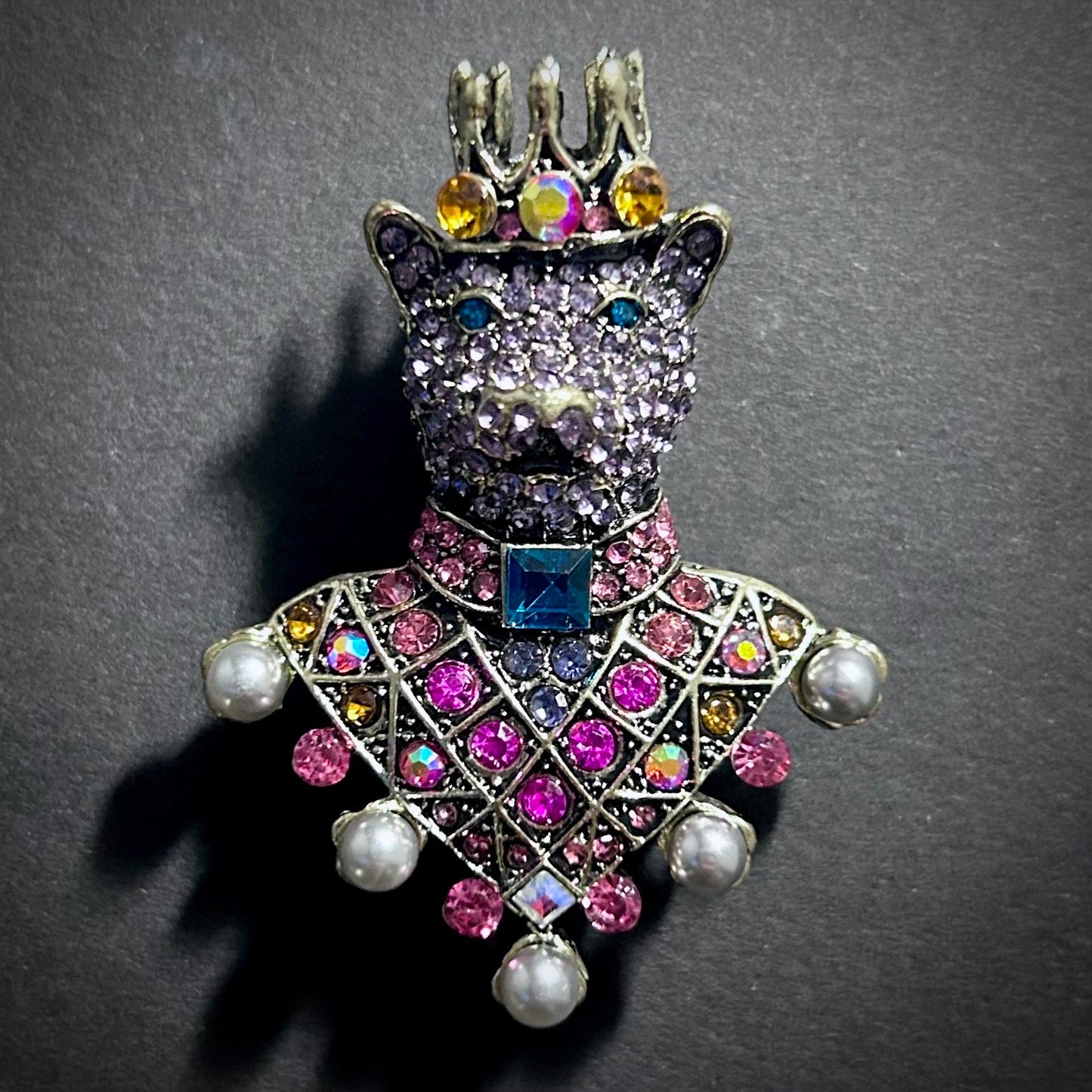 Wolf King Brooch in Gold & Multicolor Rhinestones
