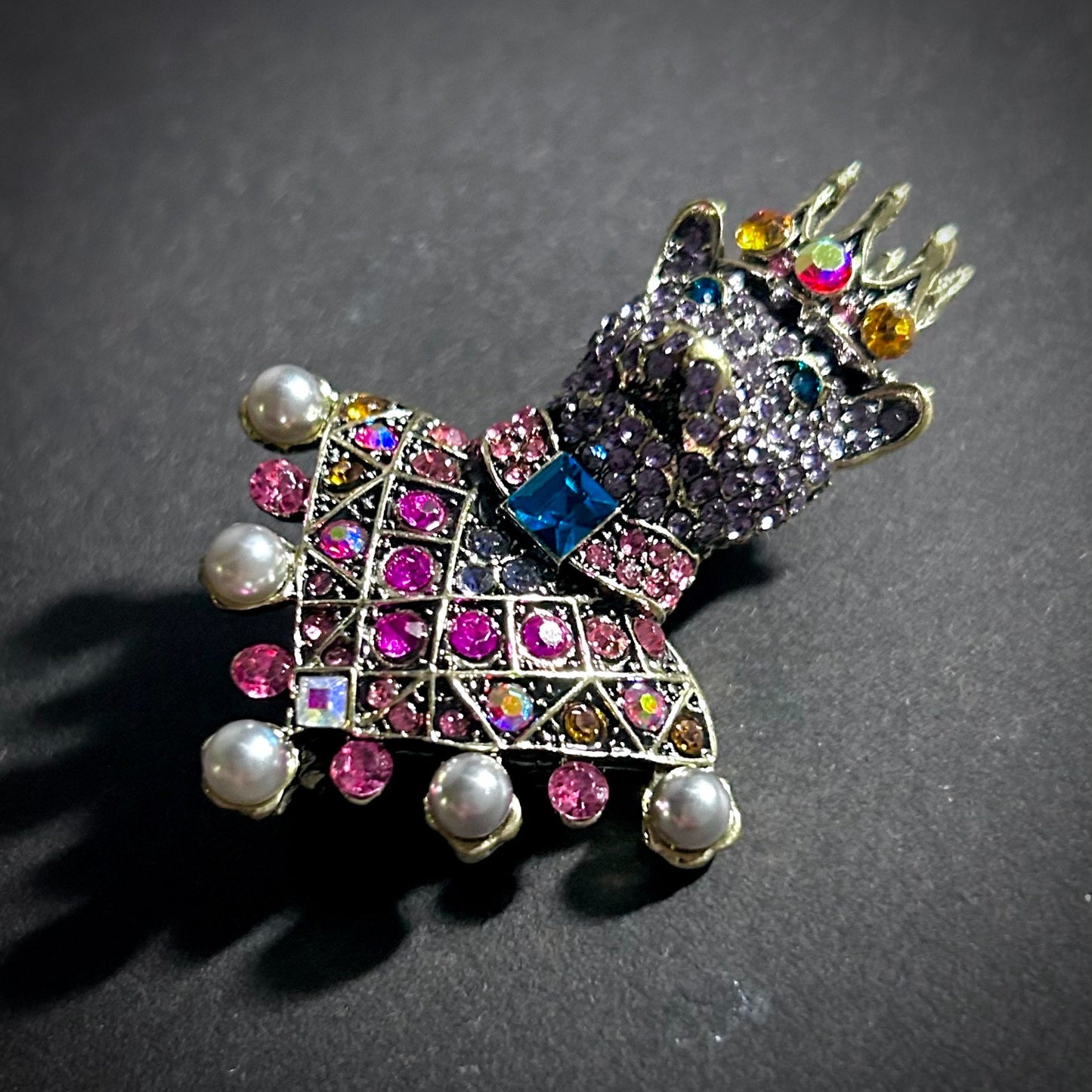 Wolf King Brooch in Gold & Multicolor Rhinestones