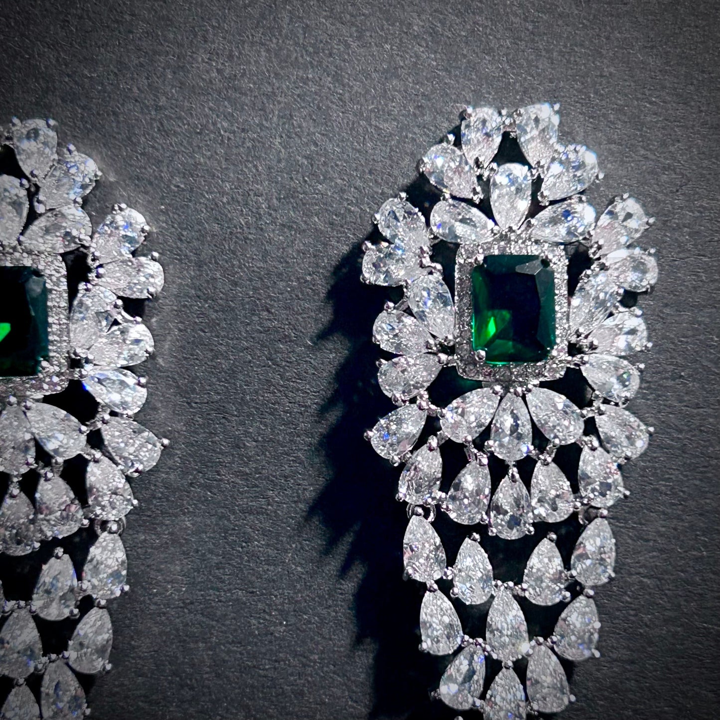Emerald Silver Waterfall Statement Earrings