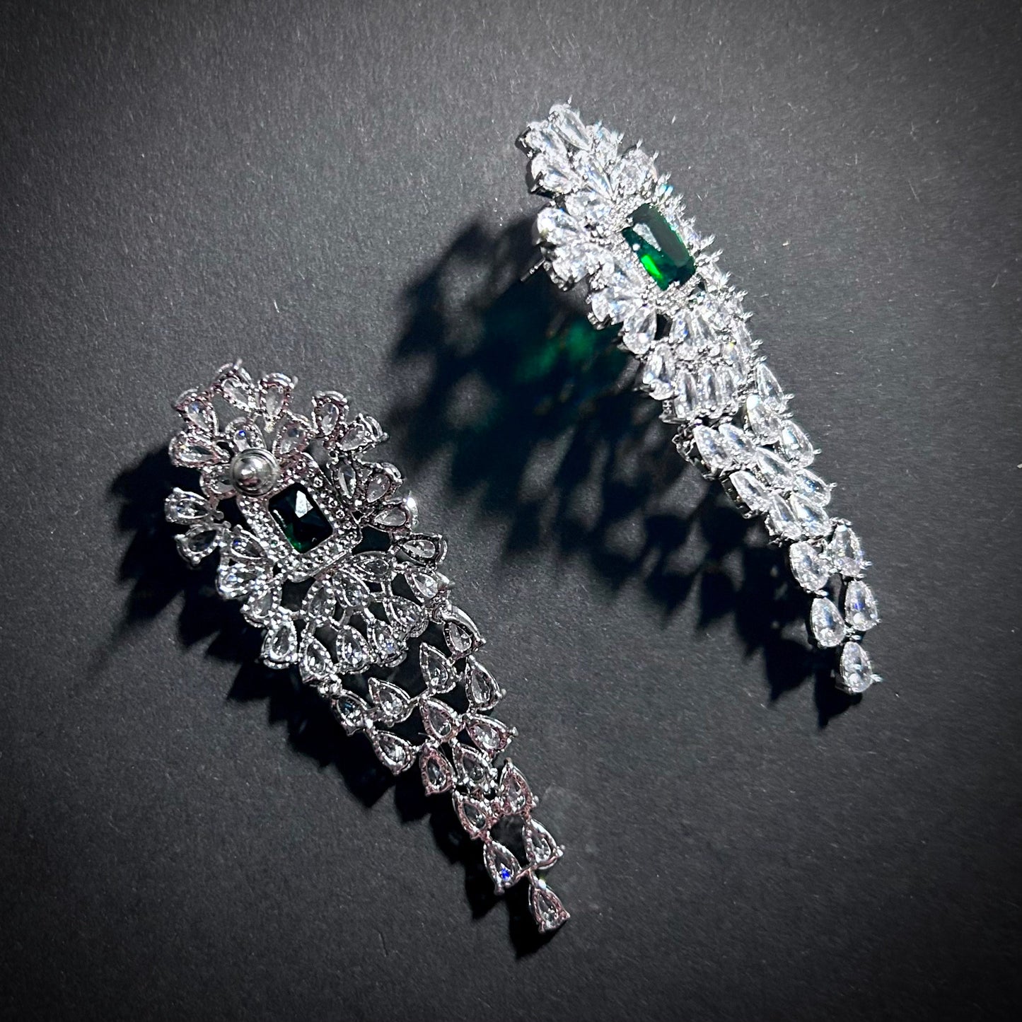 Emerald Silver Waterfall Statement Earrings