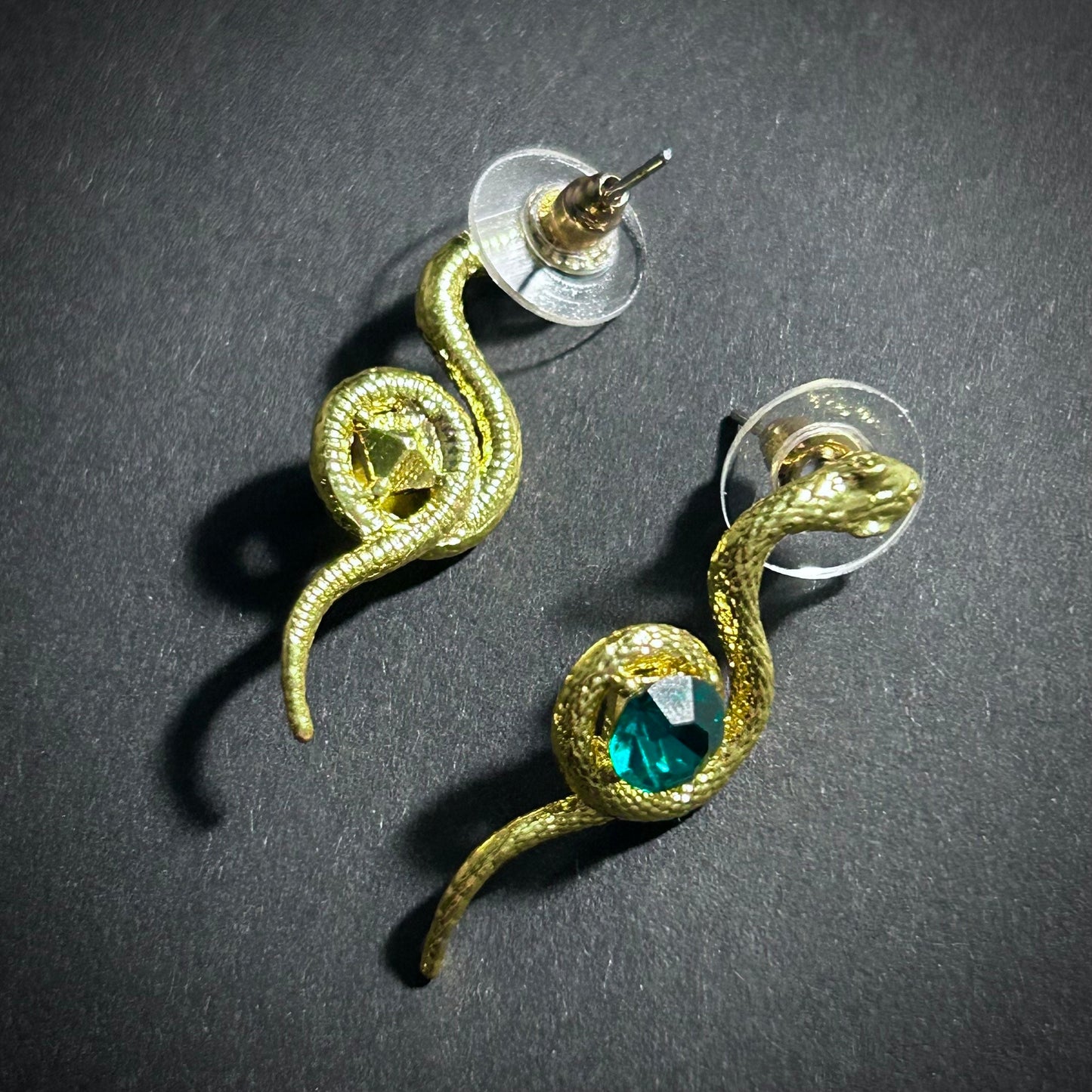 Gold Snake & Emerald Crystal Earrings