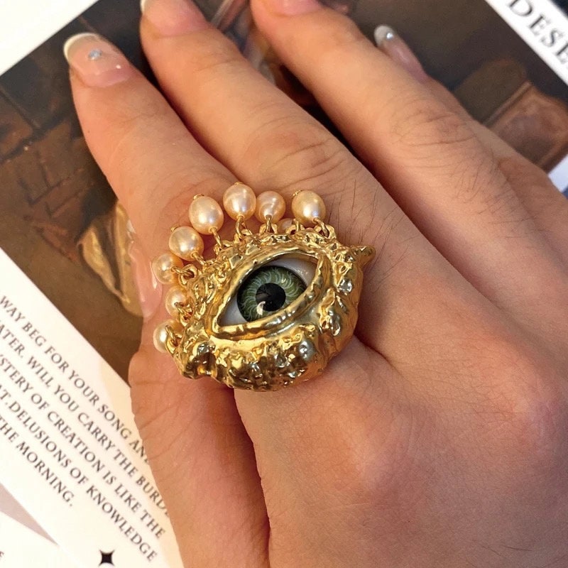 Green Eye & Baroque Pearl Fringe Gold Adjustable Surrealist Ring