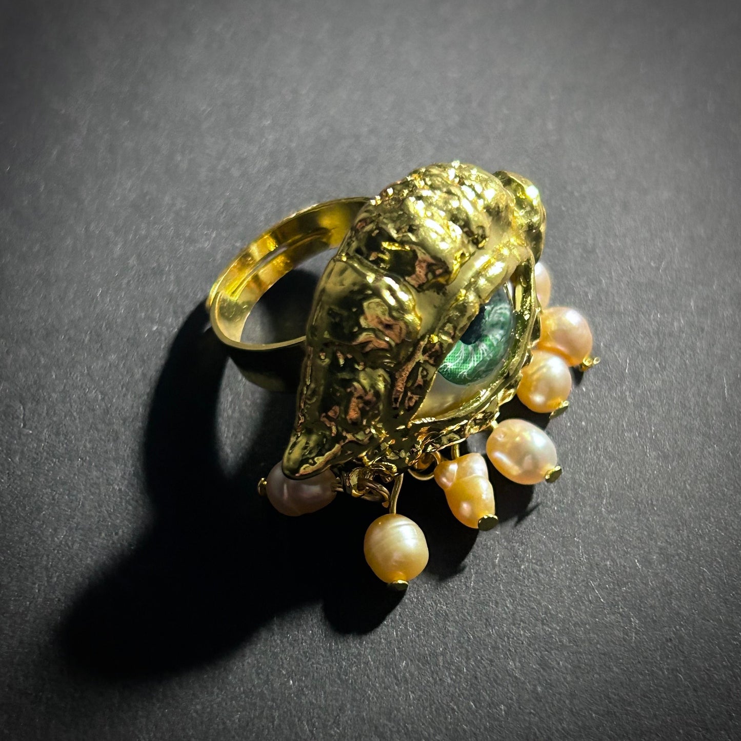 Green Eye & Baroque Pearl Fringe Gold Adjustable Surrealist Ring
