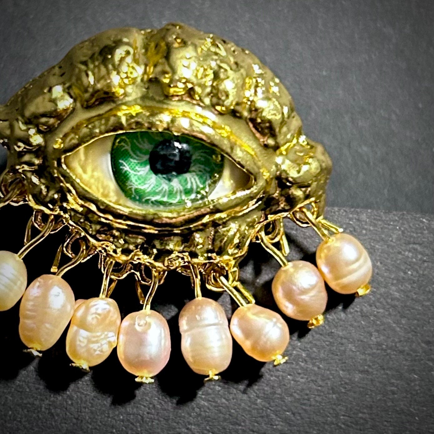 Green Eye & Baroque Pearl Fringe Gold Adjustable Surrealist Ring