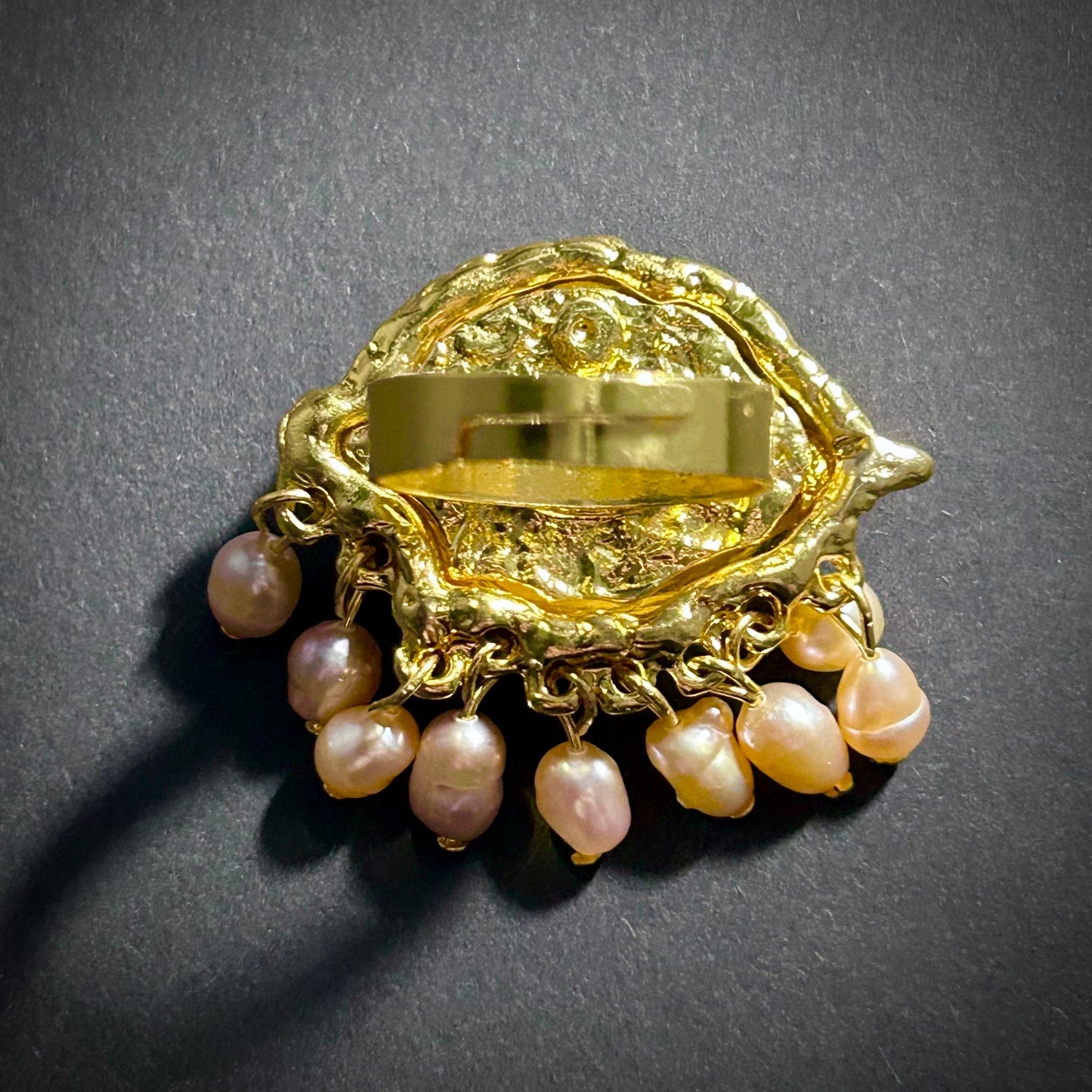 Green Eye & Baroque Pearl Fringe Gold Adjustable Surrealist Ring