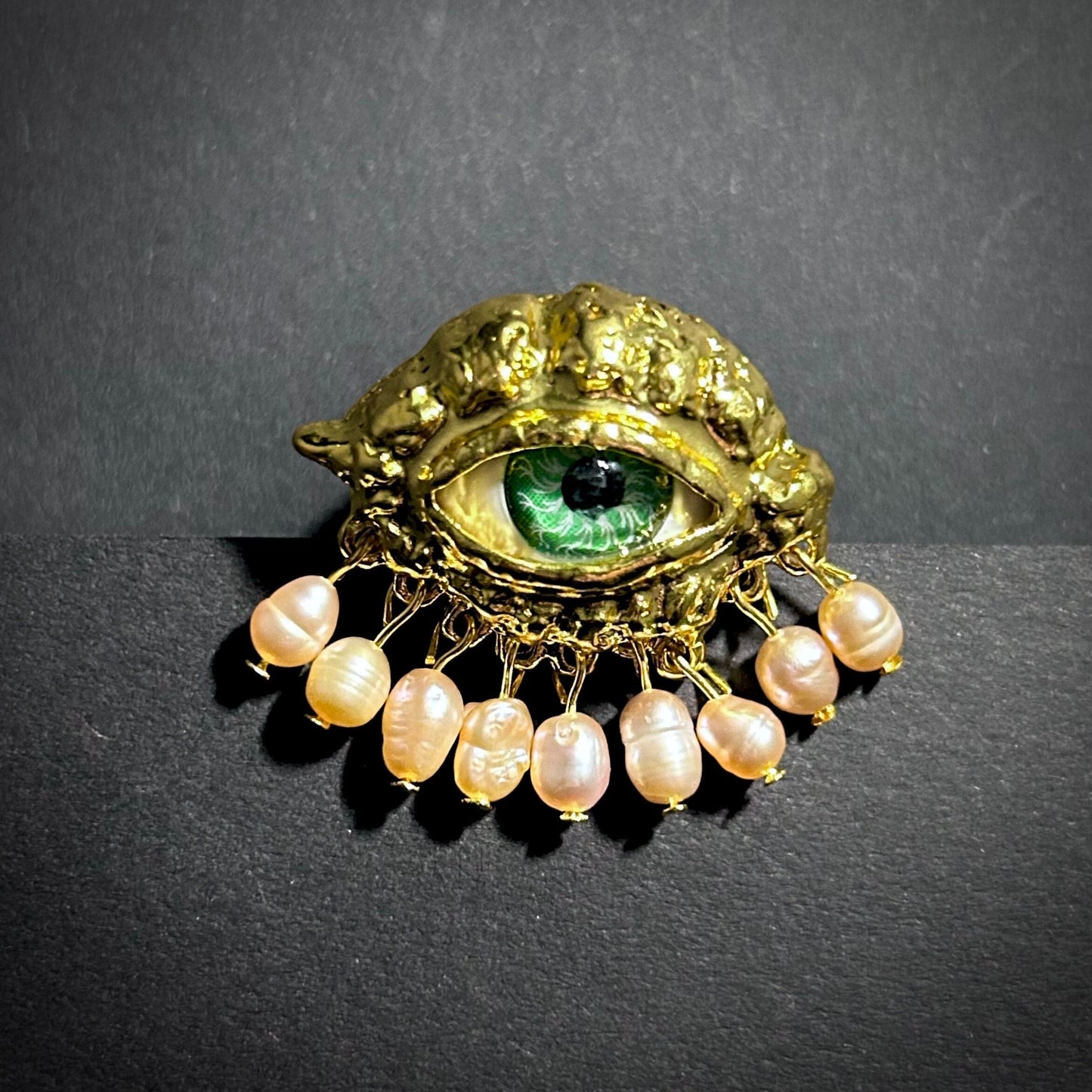 Green Eye & Baroque Pearl Fringe Gold Adjustable Surrealist Ring