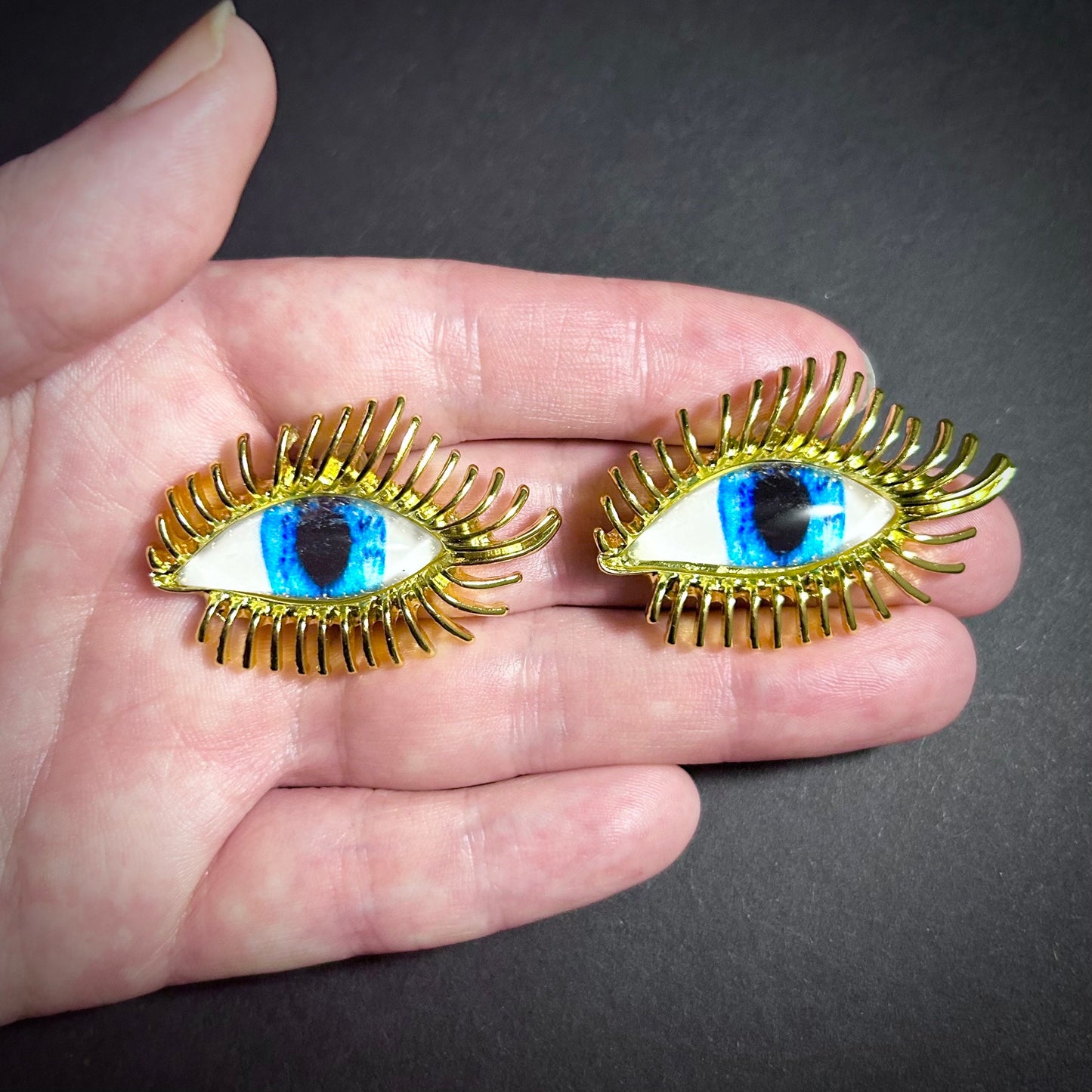 Blue Eyes & Golden Eyelashes Stud Statement Earrings