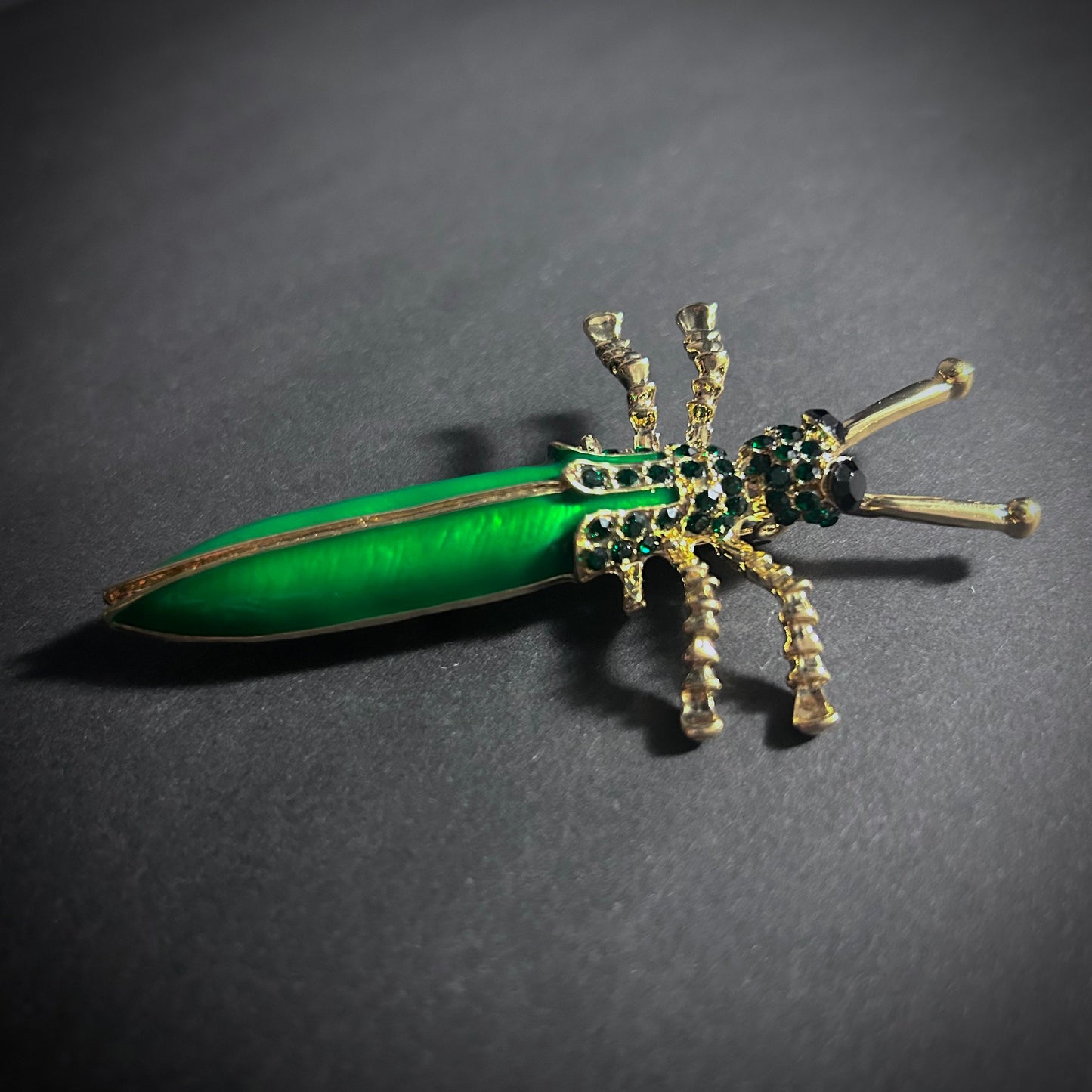 Grasshopper Green Enamel & Rhinestones Gold Brooch