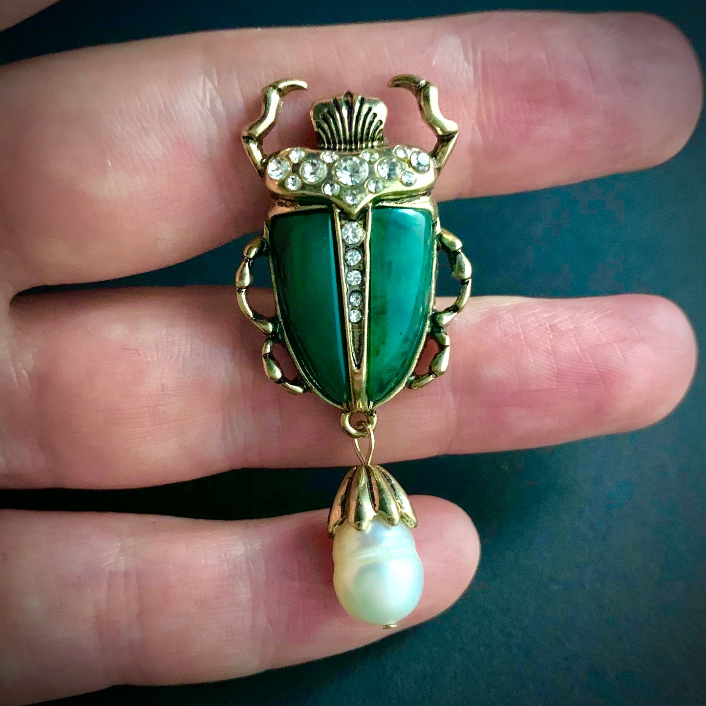 Scarab & Baroque Freshwater Pearl Jade Green Brooch Pin