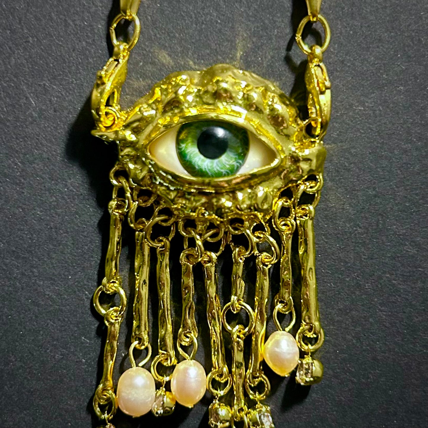 Green Eyes & Baroque Pearl Gold Fringe Pendant Surrealist Necklace