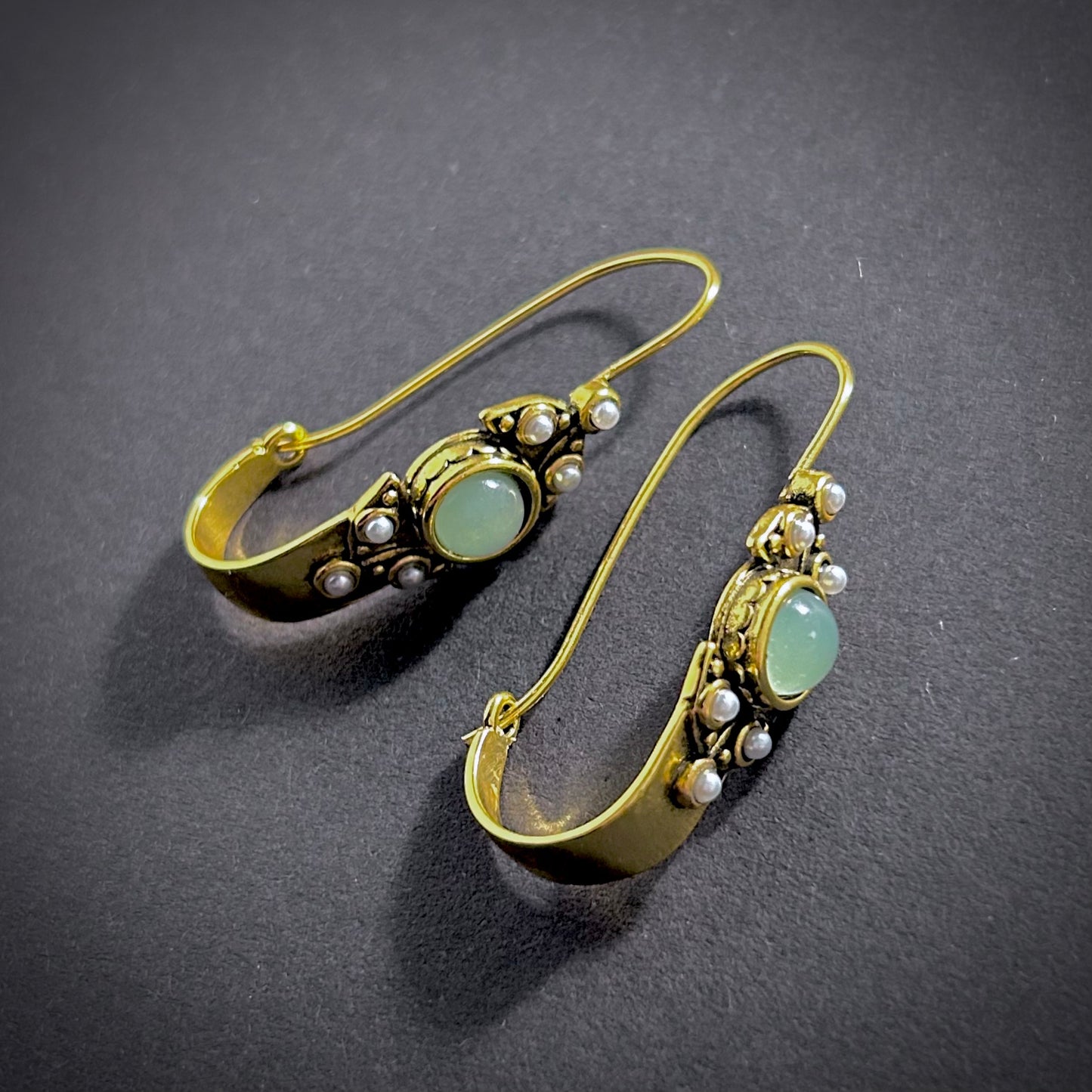 Art Nouveau Hoop Earrings in Jade, Pearl & Gold