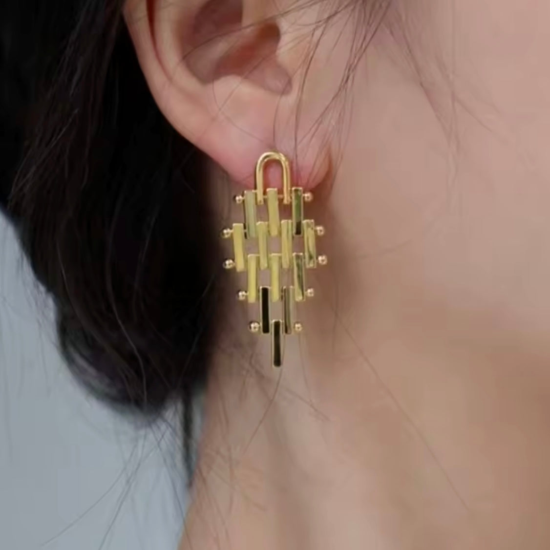 Geometric Hinged Six Level Earrings in Gold