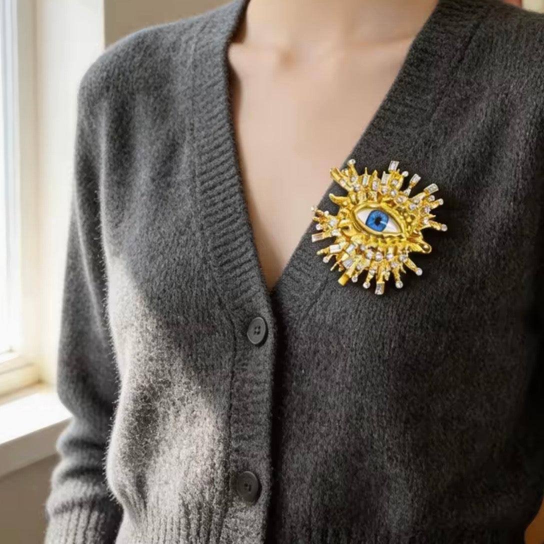 Blue Eye & Rhinestone Broad Fringe Large Gold Surrealist Brooch