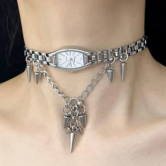 Clock & Spikes Cyberpunk Choker Necklace