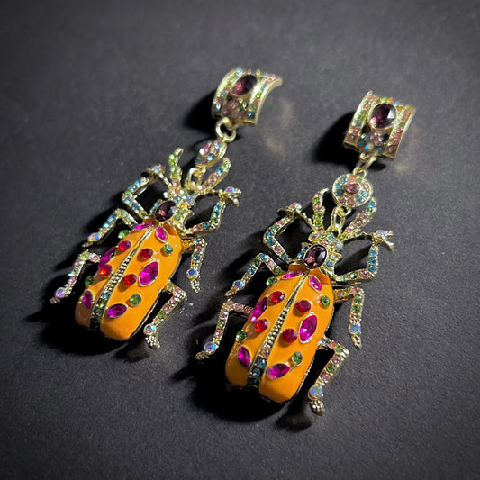 Happy Beetle Statement Earrings with Orange Enamel & Rhinestones