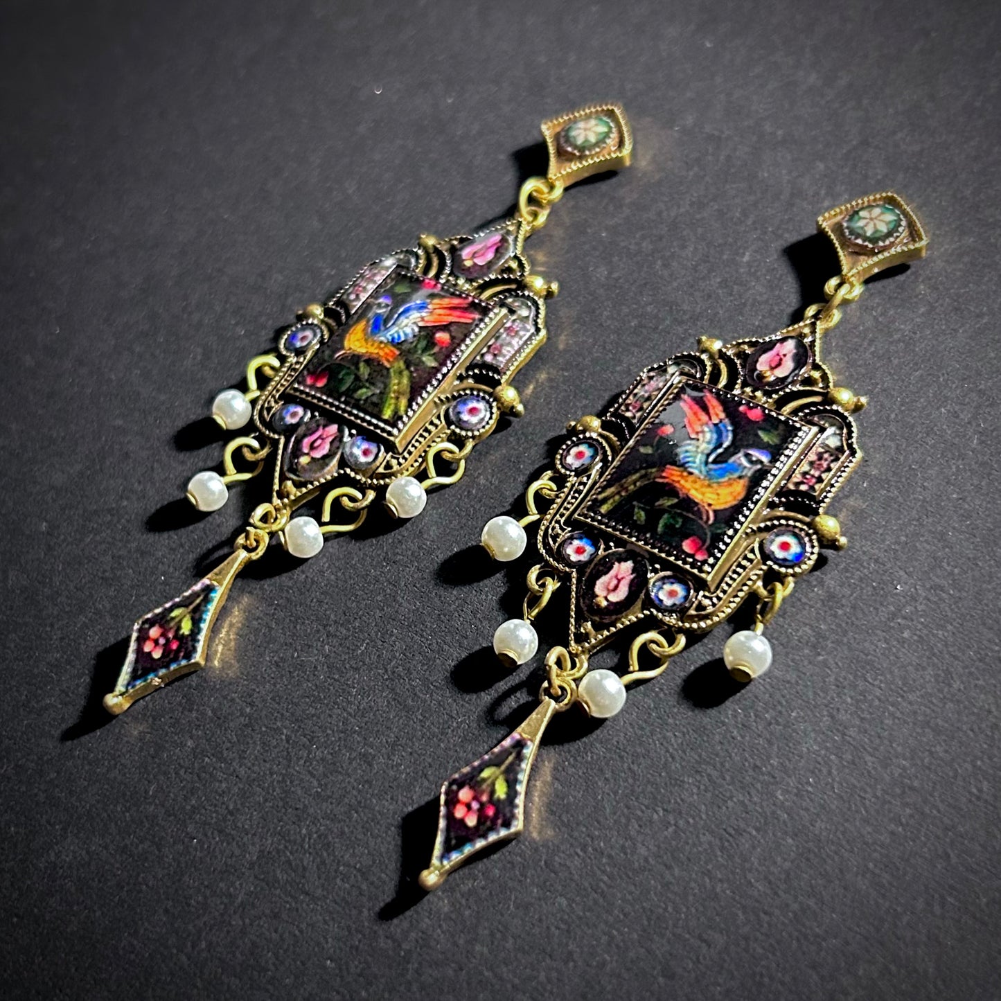 Art Nouveau Black Bird Enamel Miniature Painting & Milgrain Earrings