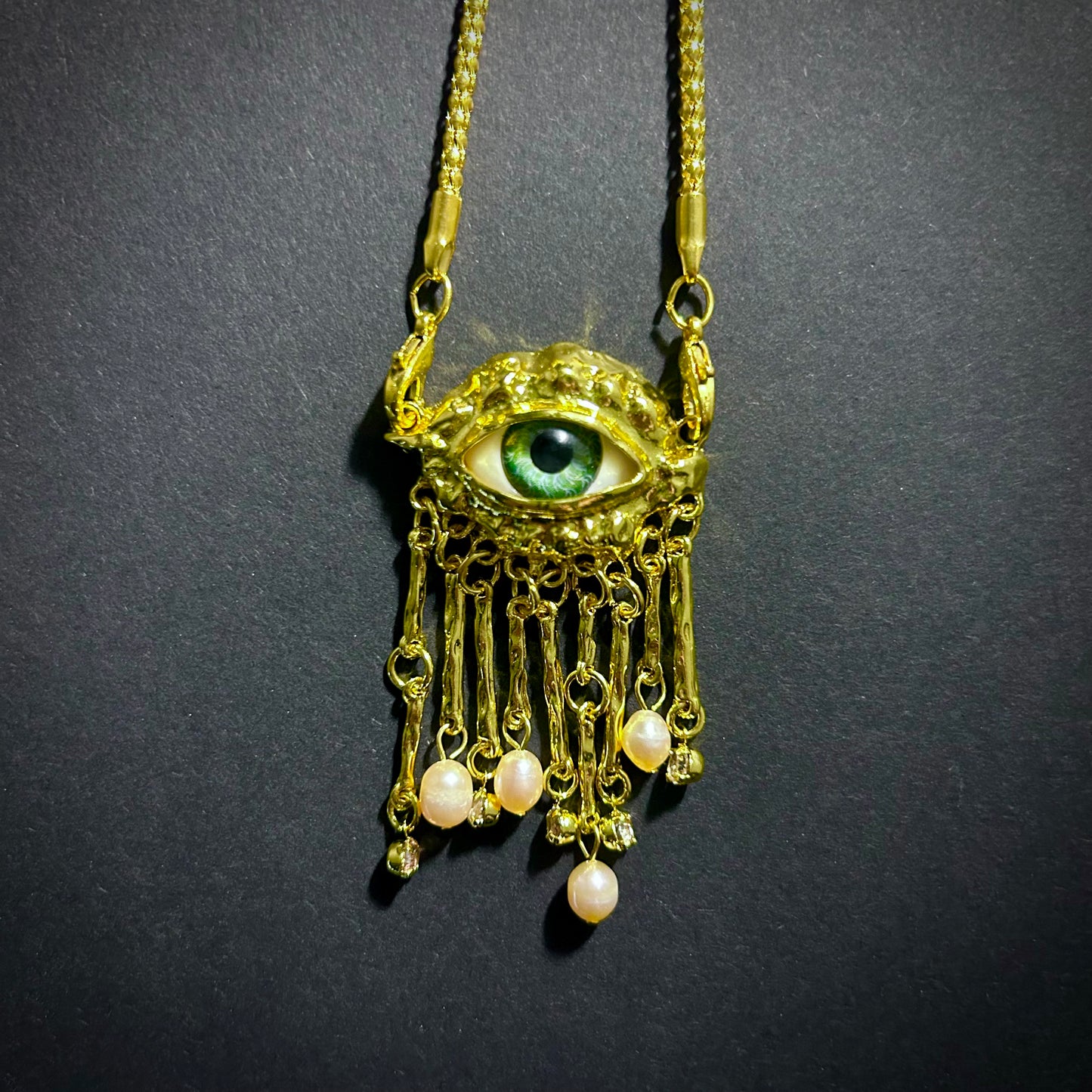 Green Eyes & Baroque Pearl Gold Fringe Pendant Surrealist Necklace