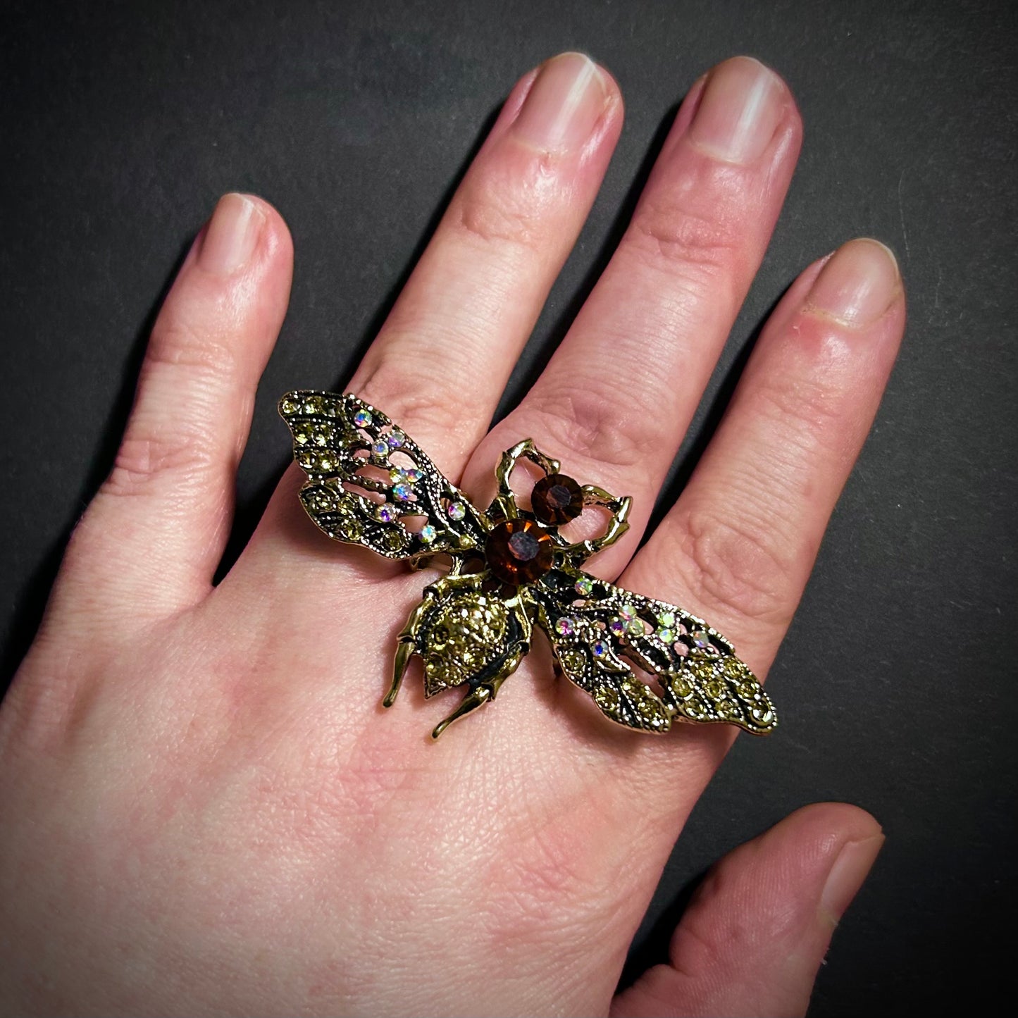 Bee Antique Gold & Rhinestones Adjustable Ring