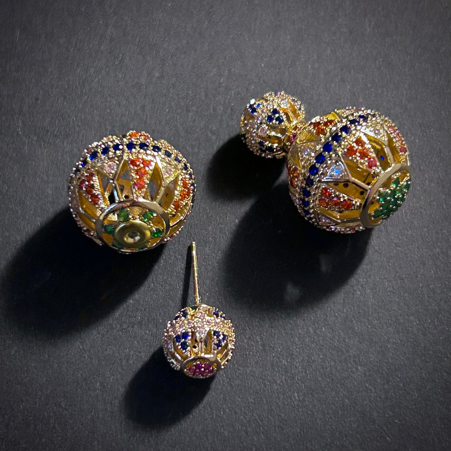 Byzantine Revival Multi-Color & Gold Hollow Orb Filigree Earrings with Back Stopper