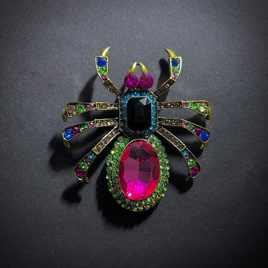 Art Deco Multi-Color Rhinestone Spider Brooch