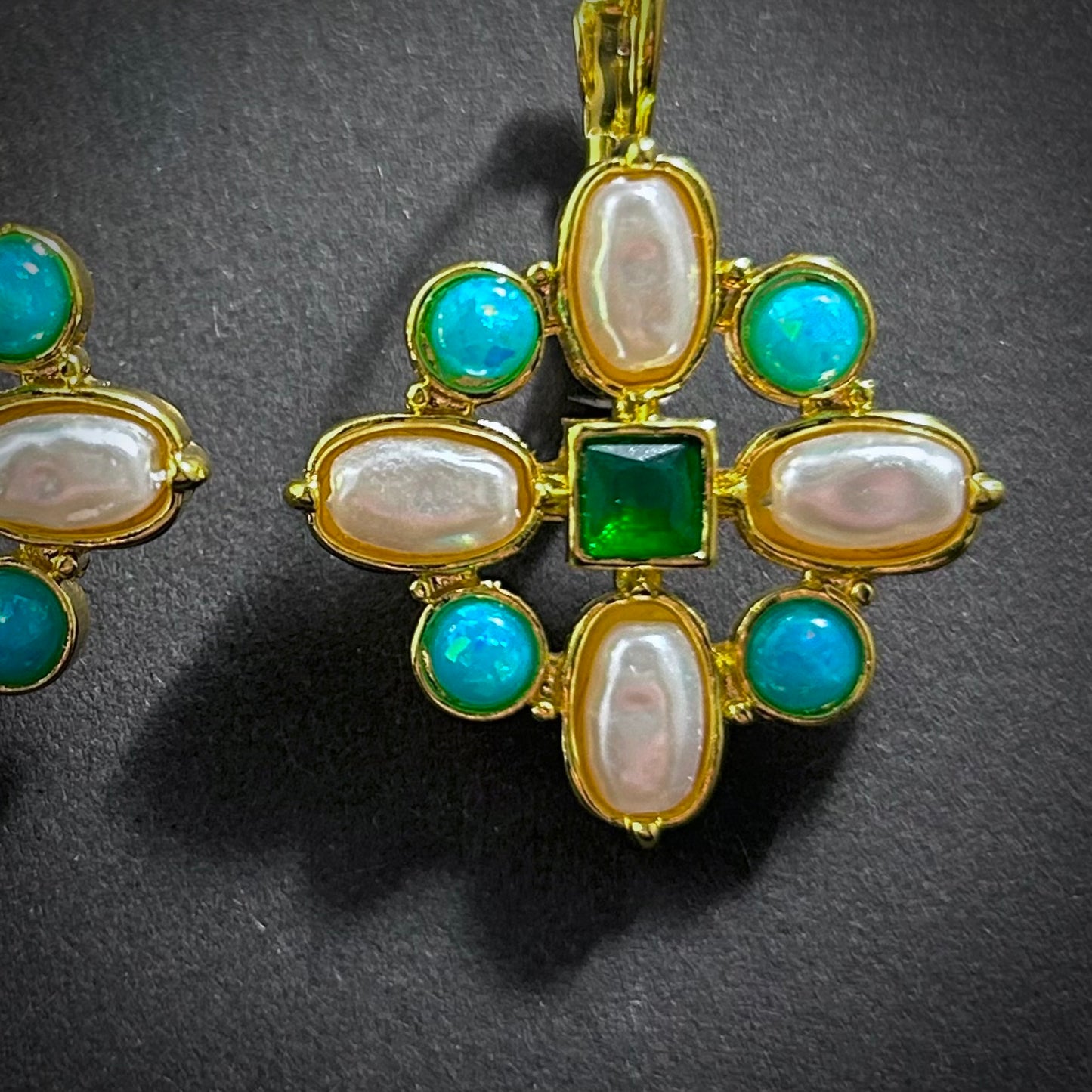 Art Nouveau Baroque Pearl & Turquoise Cross Gold Earrings