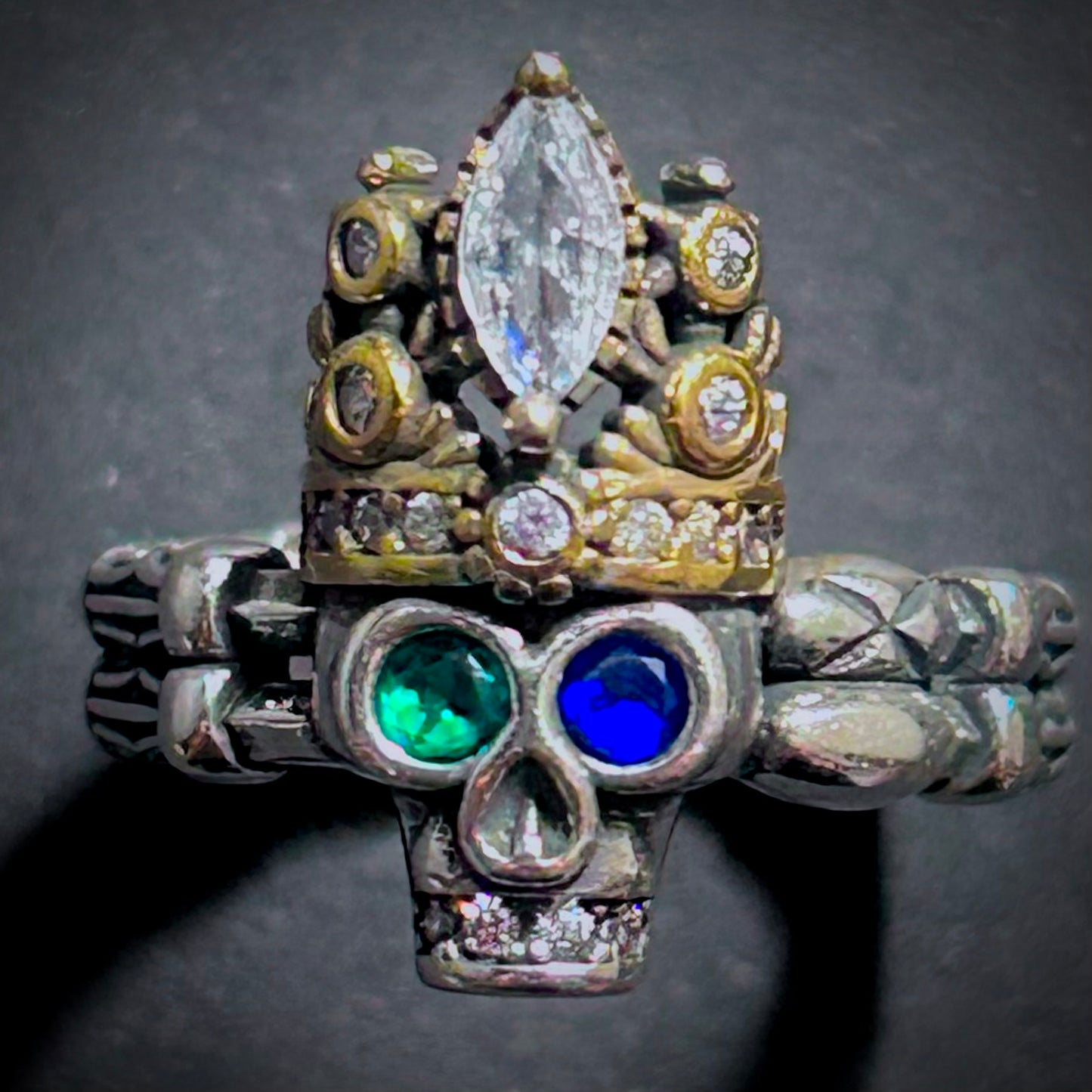 Skull, Crown & Rhinestones Mixed Metal Ring