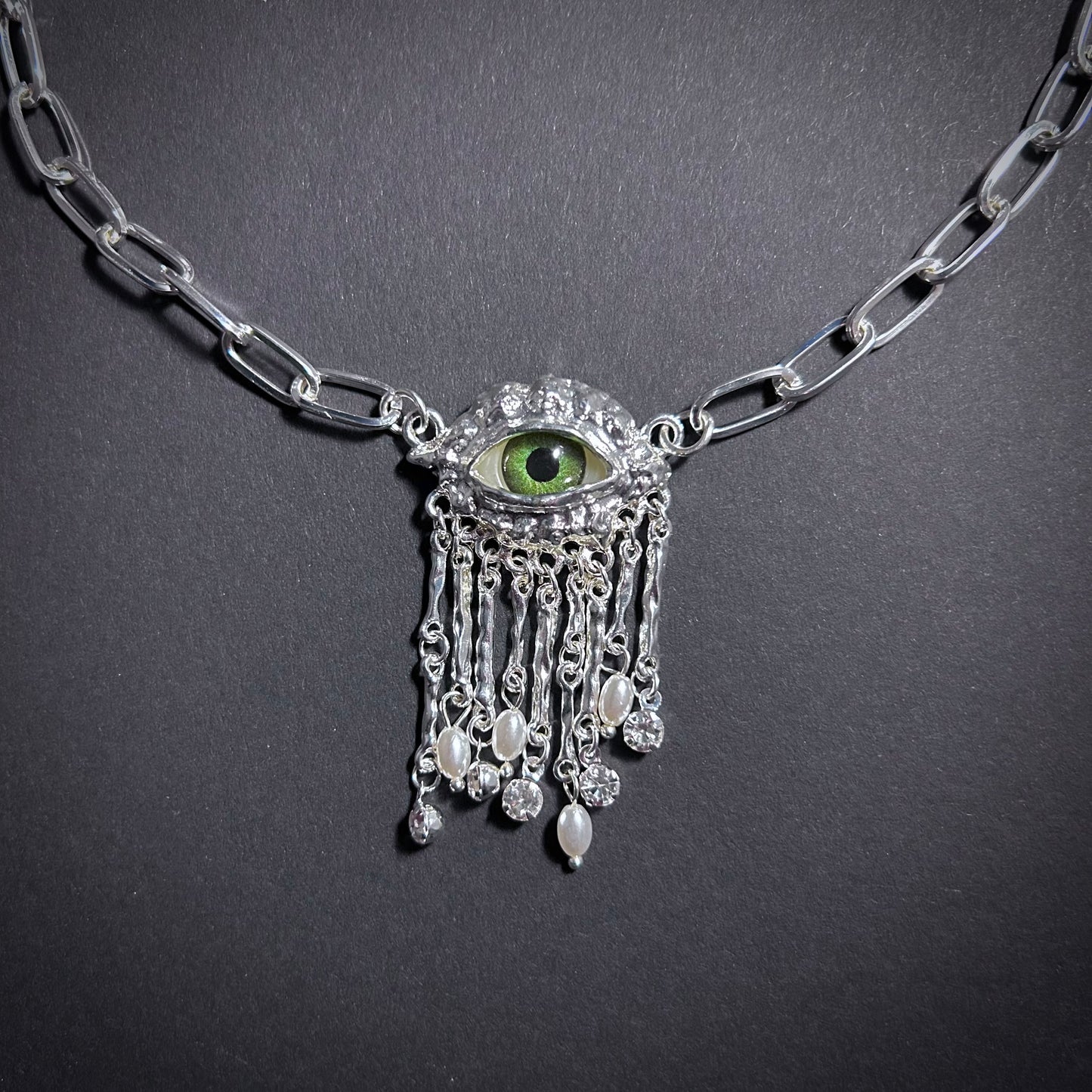 Green Eyes & Baroque Pearl Silver Fringe Pendant Surrealist Necklace