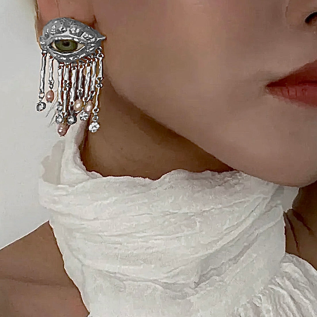 Green Eyes & Baroque Pearl Silver Fringe Surrealist Earrings
