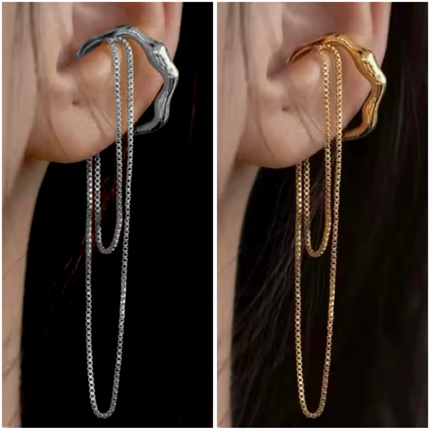 No Piercing Ear Cuff with Chains in Gold