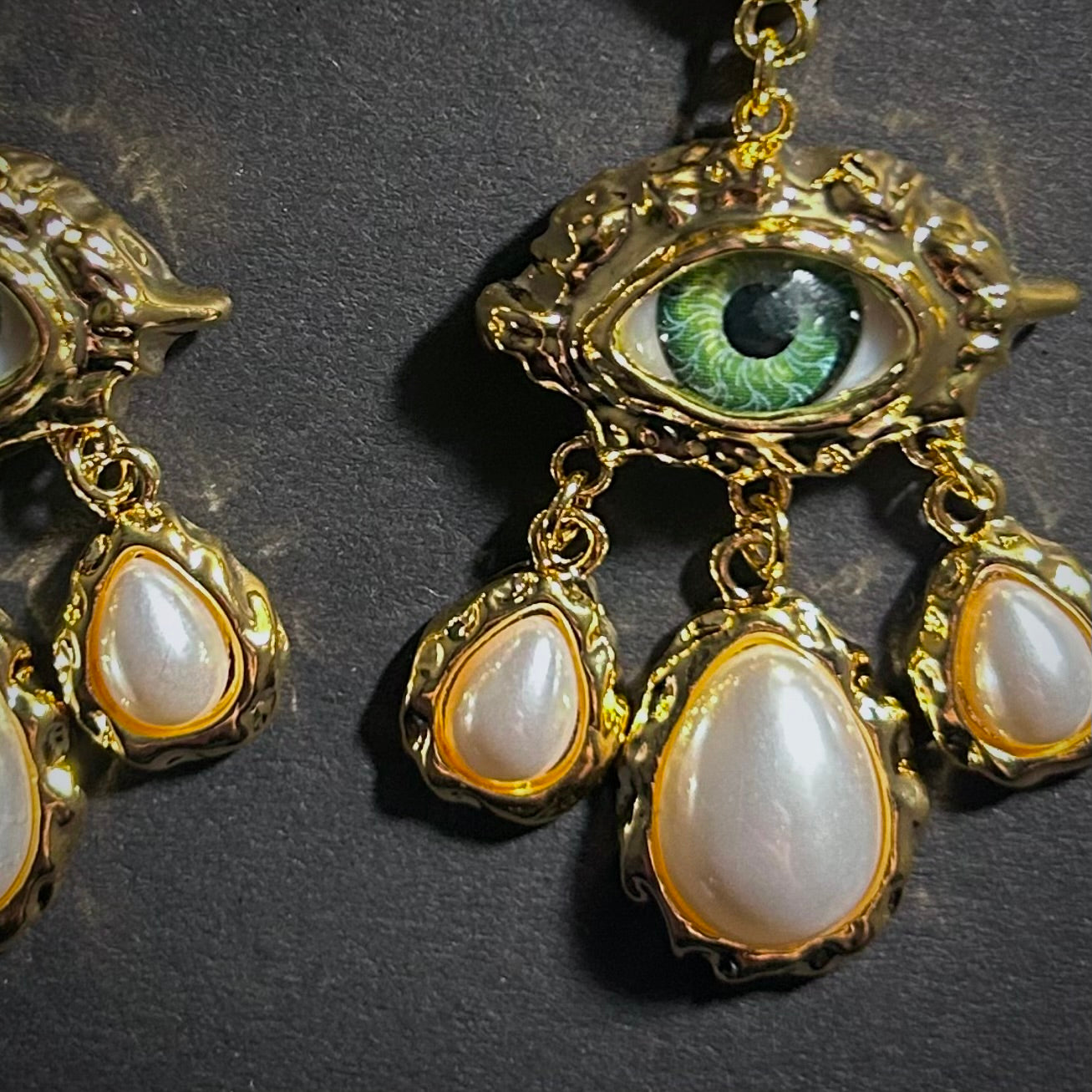 Green Eyes & White Pearls Chandelier Earrings